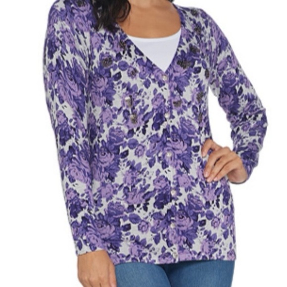 The Quaker Factory Sweaters - Quacker Factory women's floral-printed V-neck knit cardigan with gem button lg
